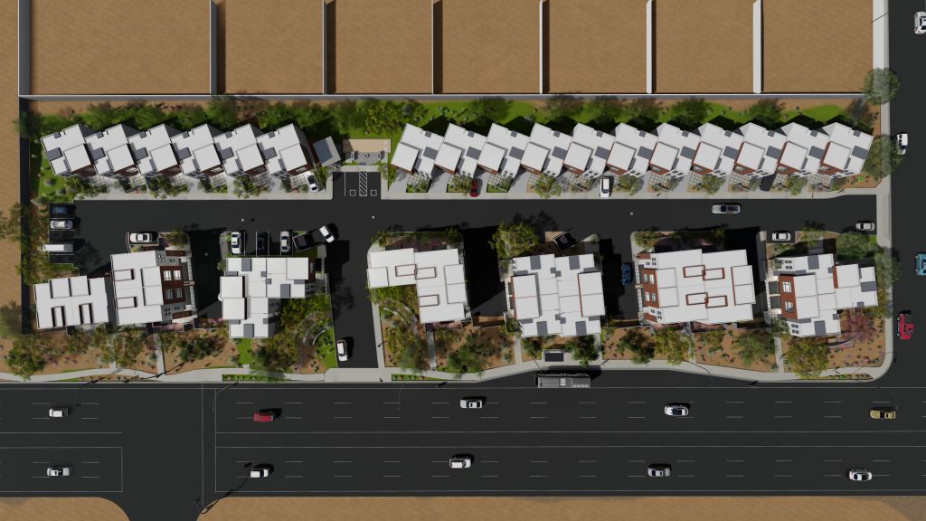 Overhead bird's eye view rendering of Project 38